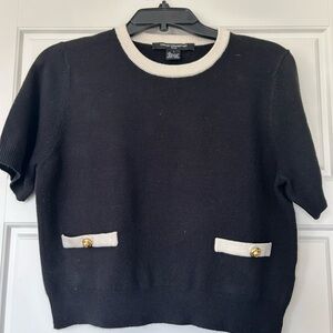French Connection Black Short-Sleeve Crew Sweater with Cream Trim